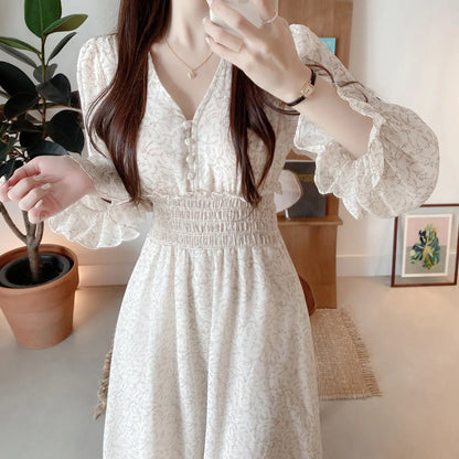 vmtvr  -  Korean Floral Print Midi Dresses for Women Summer New Pleated Slim Waist V-neck Long Sleeves Chiffon Sweet Female Clothing