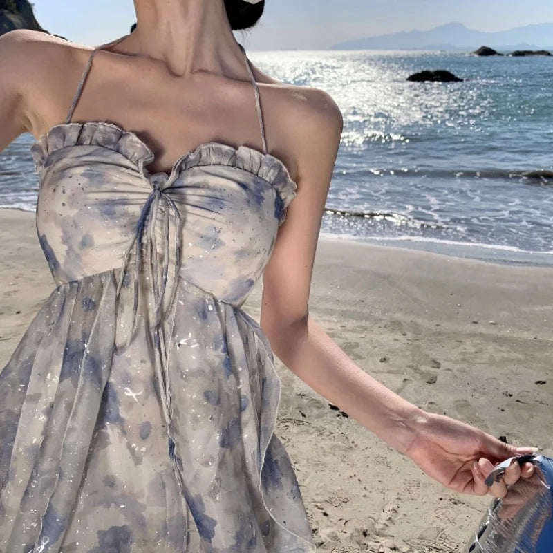 vmtvr  -  Summer Beach Backless Chiffon Long Dresses for Women Elegant Fashion Blue Floral Sleeveless Holiday Party Female Clothing