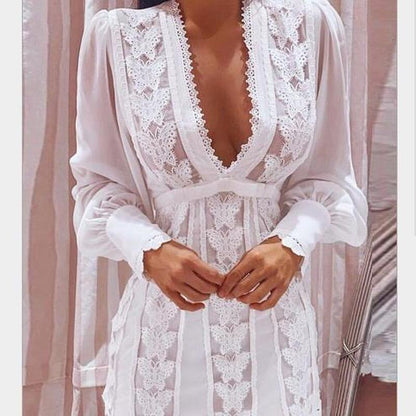 vmtvr - 2023 New Women Autumn Boho Fashion Elegant Dresses Sexy V Neck Solid Sheer Mesh Long Puff Sleeve Butterfly White Lace Mini Dress