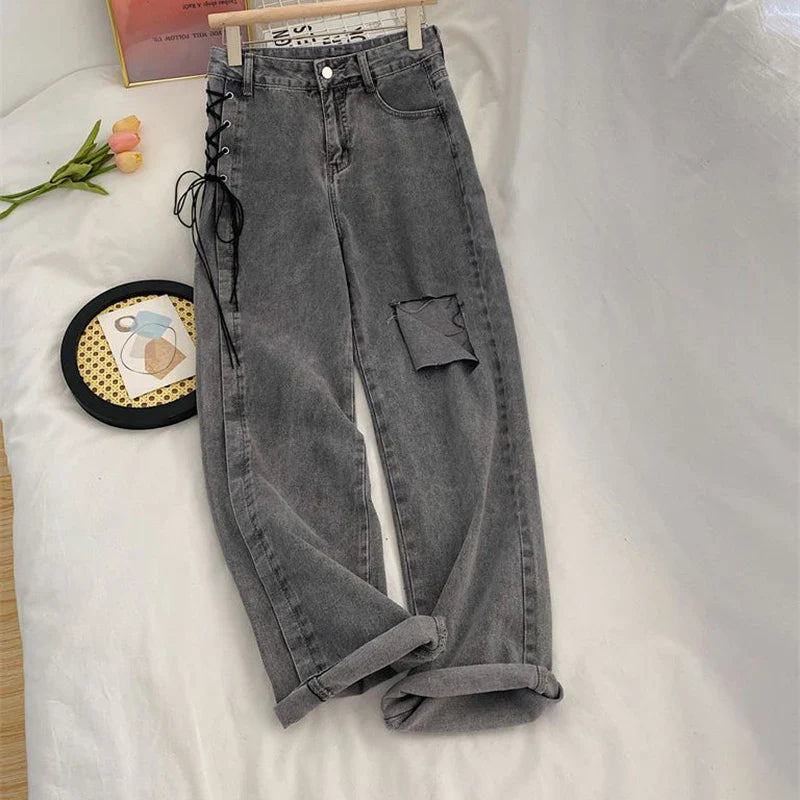 vmtvr Y2K Women Lace Up Jeans Summer All Match Streetwear Female Ripped Denim Trousers American Retro Loose Wide Leg Pants New