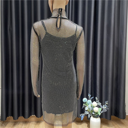 Sexy Black Mesh Diamond Bandage Dress Women Fall New Fashion Party Dress High Neck Long Sleeve Bodycon Mini Vestido 92cm