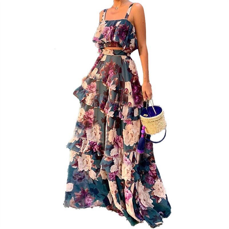 Cover-ups Sexy Summer Camisole Blouse Long Split Skirt Thin Flower Printed Two-piece Set Dress SS321