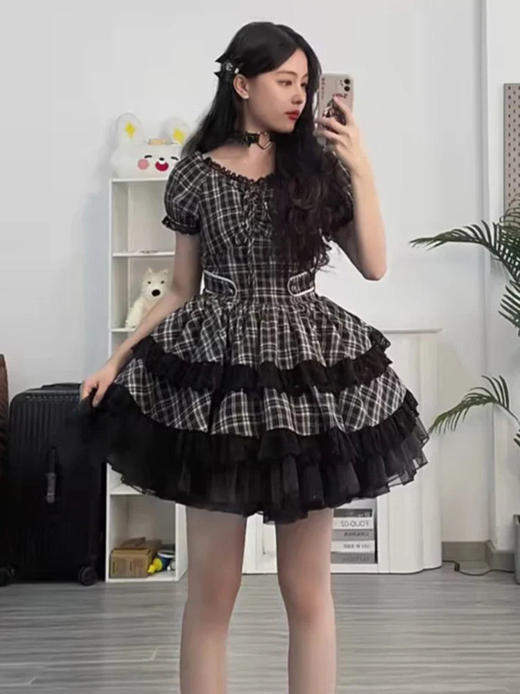 vmtvr  -  Preppy Style Sweet Black Plaid Dress for Women Gothic Subculture Lace Stitching Puff Sleeve Slim Multi-Layer Mini Dress Summer