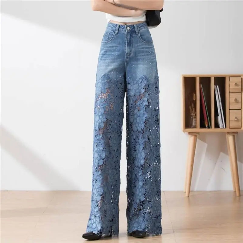 vmtvr Fashion Women's Jeans 2024 New Summer High-Waist Openwork Lace Stitching Denim Wide-Leg Pants Female Straight Trousers