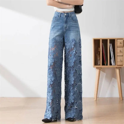 vmtvr Fashion Women's Jeans 2024 New Summer High-Waist Openwork Lace Stitching Denim Wide-Leg Pants Female Straight Trousers