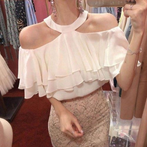 Off Shoulder Halter Sexy Chiffon Blouse Women  Korean Ruffles Summer Woman Shirt Short Sleeve Solid Loose White Black Tops