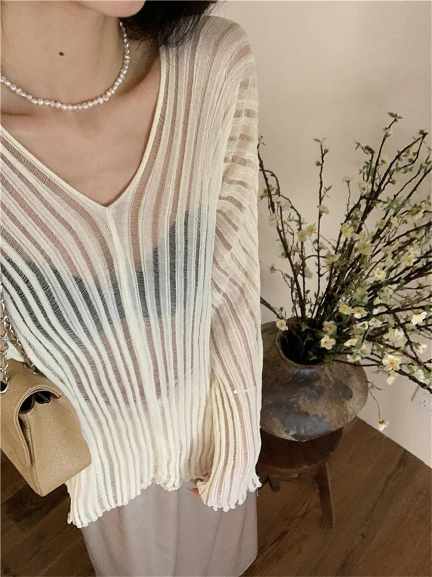 vmtvr Chic Thin Women Sweaters OL Knitted Sunscreen Loose V-Neck Casual Full Sleeve Summer Pullovers All Match