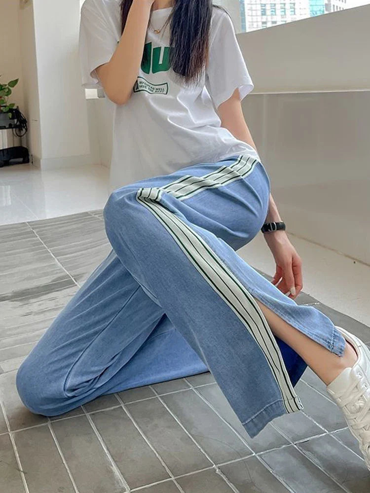 vmtvr Harajuku Striped Slit Wide Leg Denim Pants Women Summer Thin High Waist Baggy Jeans Fashion Lace Up Female Casual Trousers