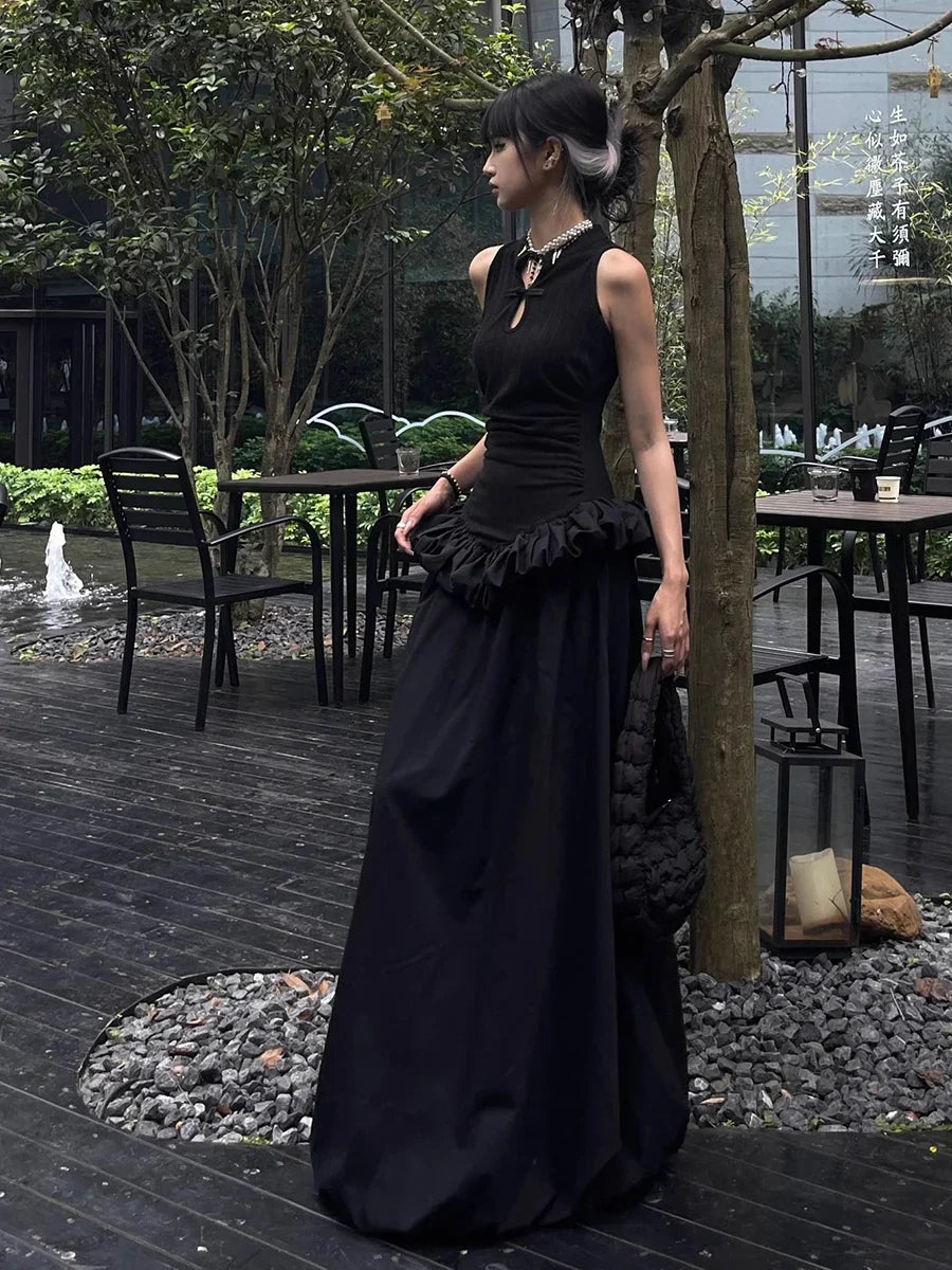 vmtvr  -  Steampunk Black Evening Party Dress Women Cut-out Ruffle Patchwork Sleeveless Maxi Long Tank Dress Gothic Retro Clothes