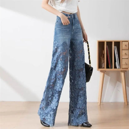vmtvr Fashion Women's Jeans 2024 New Summer High-Waist Openwork Lace Stitching Denim Wide-Leg Pants Female Straight Trousers