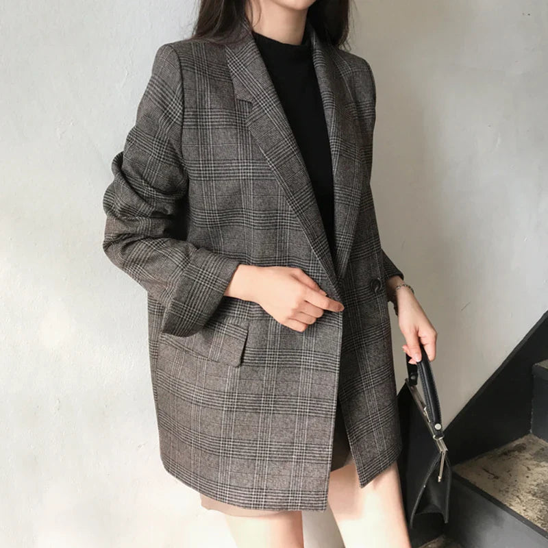 vmtvr Plaid Double Breasted Pockets Formal Jackets Checkered Winter Spring Women's Blazers Outerwear Tops