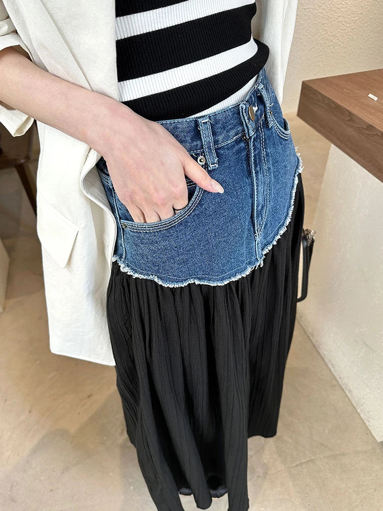 vmtvr Vintage High Waist Ladies Pockets White Long Patchwork A-line Jeans Skirts 2024 Summer Autumn Women Denim Midi Skirts