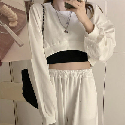 -Fall Outfits -Fall Outfits Long Sleeve Top   Graduation party  Women Pullover Solid Cropped Hoodies Long Sleeves Loose Sweatshirts Casual Crop Tops for Spring Autumn Winter Mujer