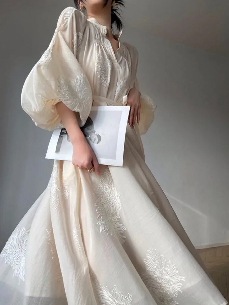 vmtvr Spring Summer Women Embroidery Casual Party Dresses Elegant Lantern Sleeve Vintage A-Line Dress Female Fashion Vestidos Robe