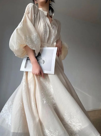 vmtvr Spring Summer Women Embroidery Casual Party Dresses Elegant Lantern Sleeve Vintage A-Line Dress Female Fashion Vestidos Robe