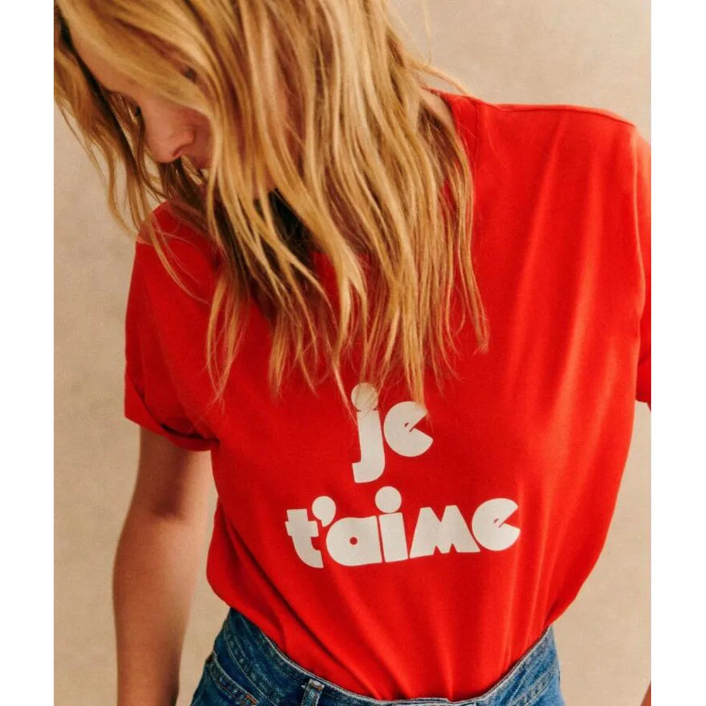 -Retro sports style outfit streetwear 90s fashion Je T'aime French Letters Printing Female Chic Short Sleeve T Shirts Red Short Sleeve 100% Cotton Casual Tops Ins Fashion Tees