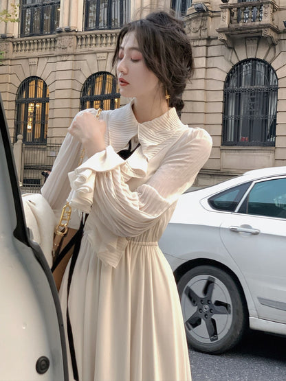 vmtvr - Autumn New Women Elegant Midi Retro French Style A Line  Ruffles Dress Female Vestdios Vintage Fashion  Party Prom Clothes