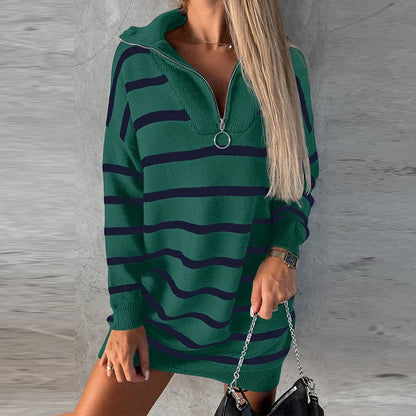 vmtvr Women Casual Zipper Lapel Sweatshirt Dress Autumn Striped Print Knitted Pullover Dress New Winter Long Sleeve Warm Sweater Dress