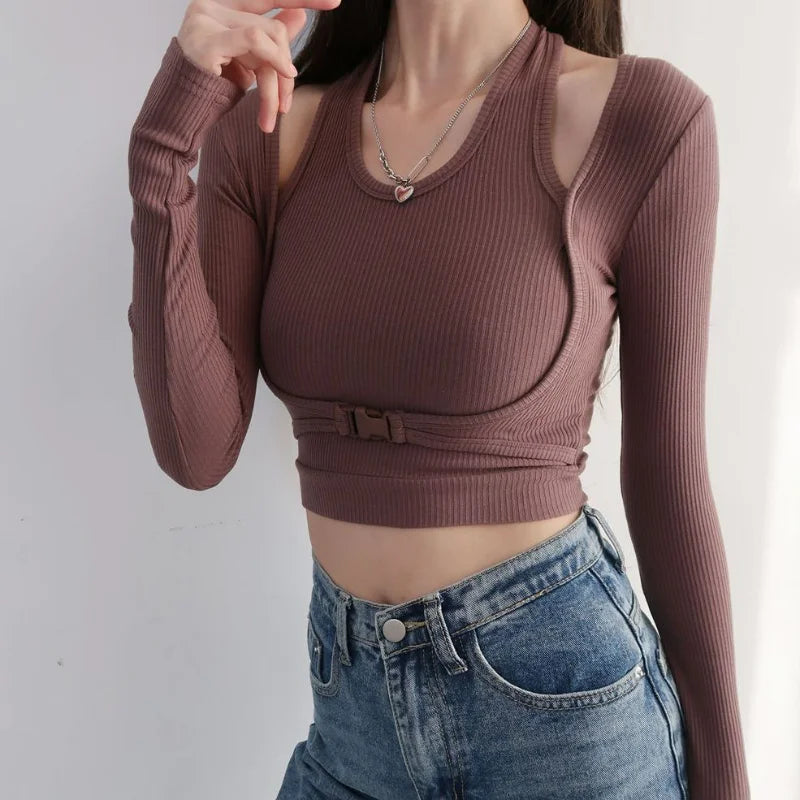 vmtvr Halter Neck Women Long Sleeve Sexy T-shirt Fake Two Piece Spring Summer New Streetwear Fashion Solid Slim Knitted Crop Tops