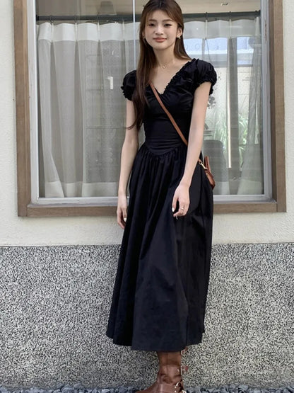 vmtvr Casual Solid Midi Dresses for Women Korean Chic V-neck Backless High Waist Puff Sleeve A-line Party Dress Summer Vestidos