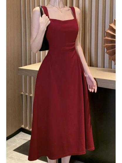 vmtvr Elegant Summer Solid Midi Dress Women Spaghetti Strap Square Collar High Waist Slim Evening Party Dresses Prom Robe Vestido New