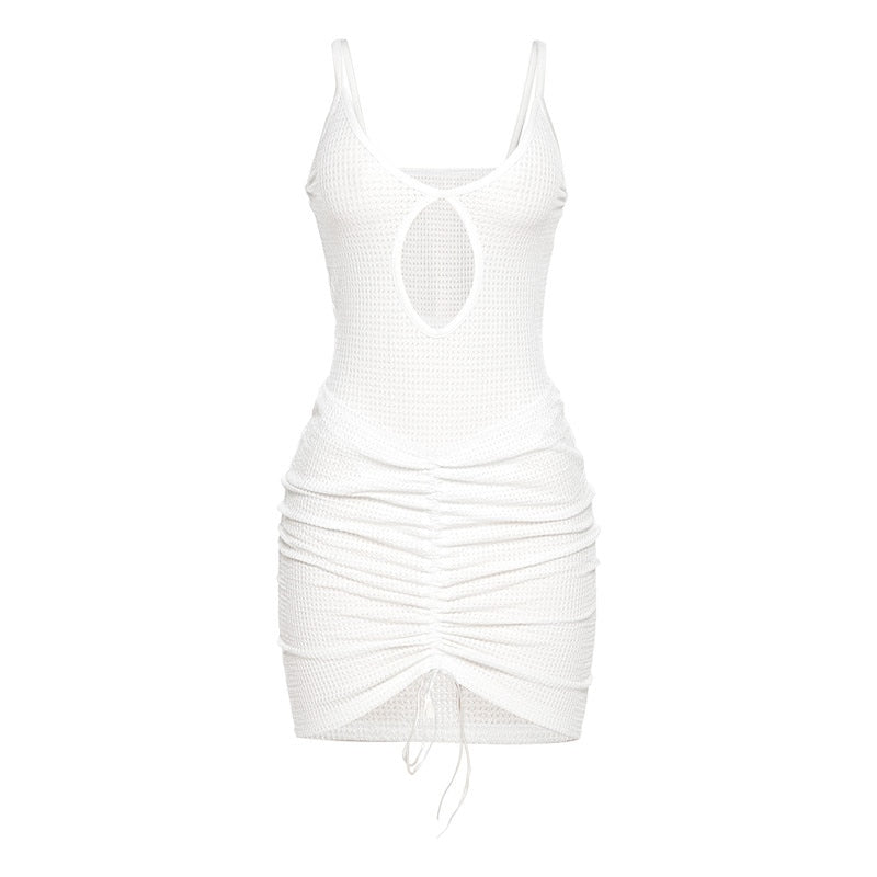 vmtvr Sexy Hollow Out Mini Dress Women Fashion Strap Ruched Bodycon Beach Dresses 2023 Summer White See Through Night Club Outfits