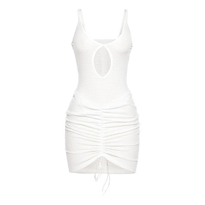 vmtvr Sexy Hollow Out Mini Dress Women Fashion Strap Ruched Bodycon Beach Dresses 2023 Summer White See Through Night Club Outfits