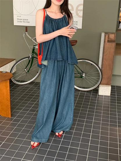 vmtvr Vacation Women Halter New Tank Tops Denim Chic Wide Leg Loose Summer Suit Sweet Casual Office Lady High Street Pants
