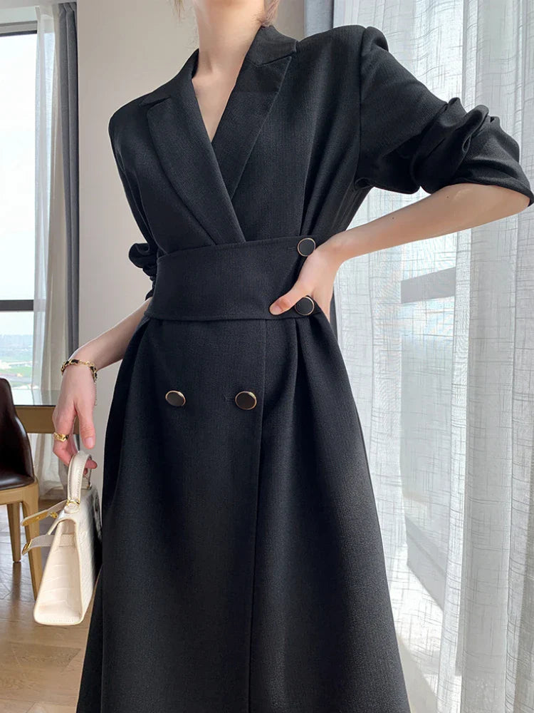 vmtvr Women's Spring Autumn Casual Elegant Midi Black Dress Long Sleeve A-Line Party Vestidos Female Fashion Korean Outwear Clothes