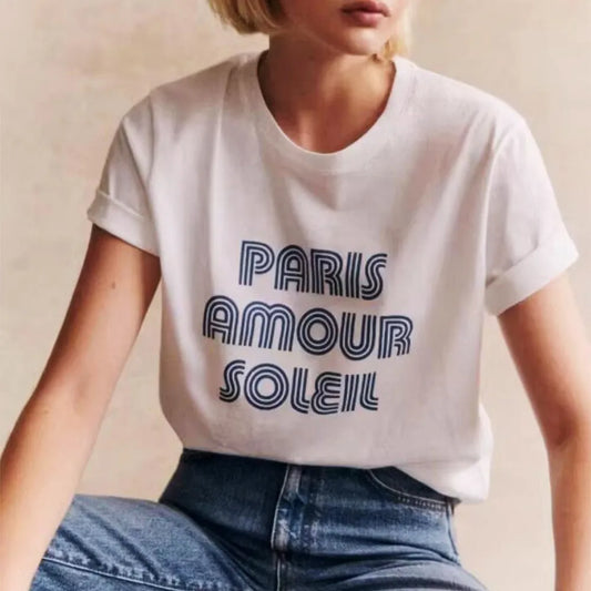 -Retro sports style outfit streetwear 90s fashion Paris Amour Soleil Letters Printing French Vintage Style White T Shirts Women Short Sleeve Loose Cotton Summer Tops Chic Tees