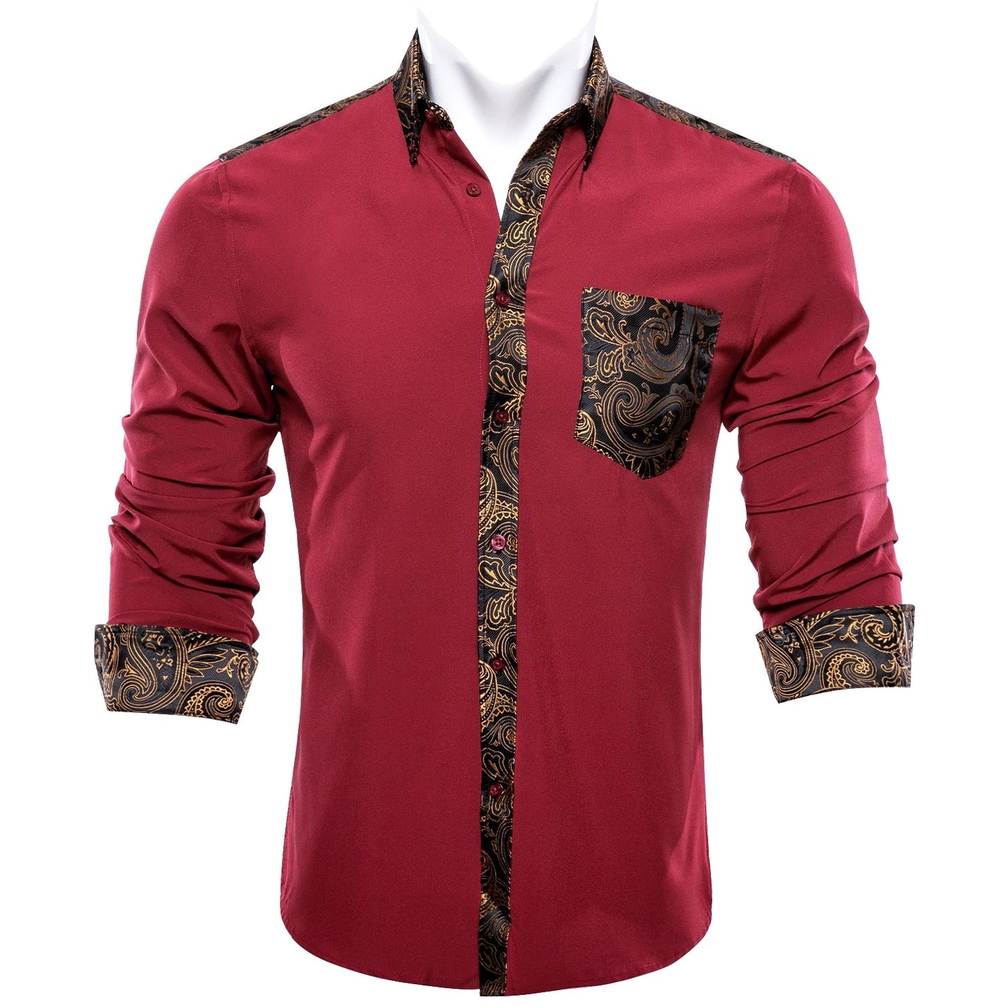 Luxury Red Paisley Silk Shirts Men Long Sleeve Casual Flower Shirts For Men Designer Fit Dress Shirt