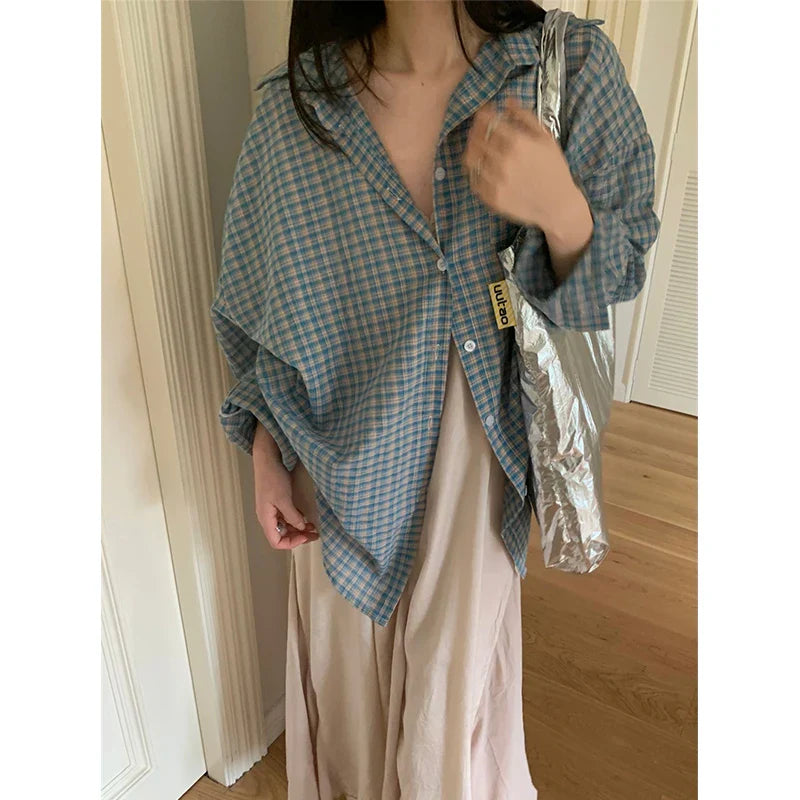 vmtvr Harajuku Plaid Sun Proof Shirts Women Streetwear Oversized Long Sleeve Blouses Summer Korean Fashion Loose Sun Protection Tops