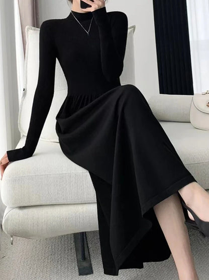 vmtvr New Fashion Solid Elegant Knitted Sweater Dress Women Vintage A-Line Ribbed Casual Party Black Vestidos Female Autumn Clothes