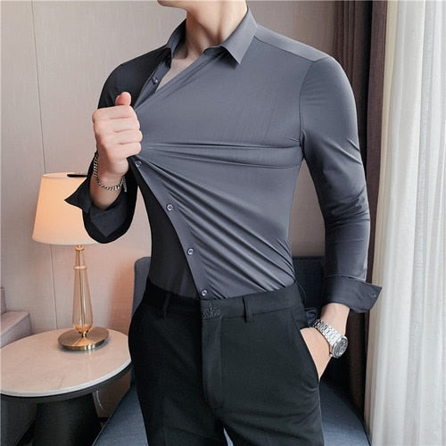 Plus Size 4XL-M High Elasticity Seamless Shirts Men Long Sleeve Top Quality Slim Casual Luxury Shirt Social Formal Dress Shirts