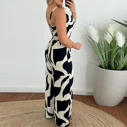 vmtvr Elegant Temperament Printed Long Pants Jumpsuit Women's Casual Pocket High Waist Romper New Summer Fashion V-Neck Slim Playsuits