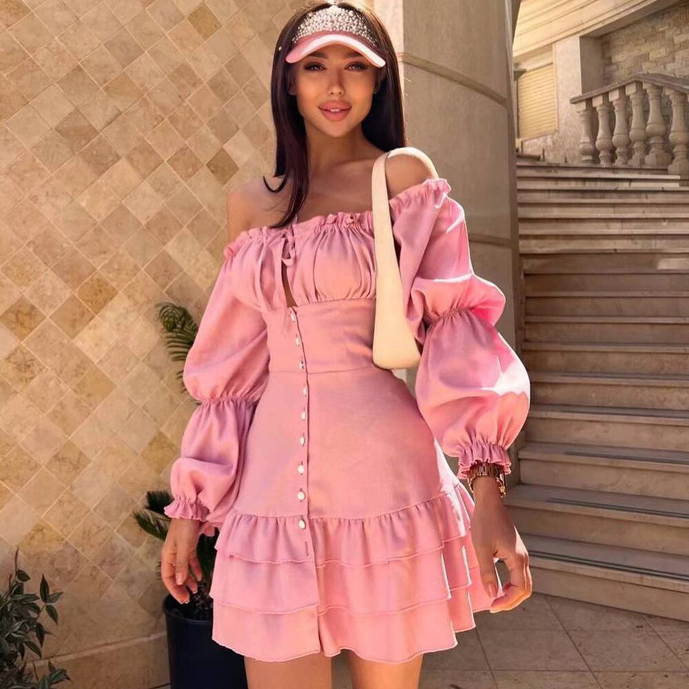 vmtvr - Fashion Woman 2023 Slash Neck Off Shoulder Puff Sleeve Ruffles Mini Dress Streetwear Sexy Girls Bodycon Evening Party Dresses