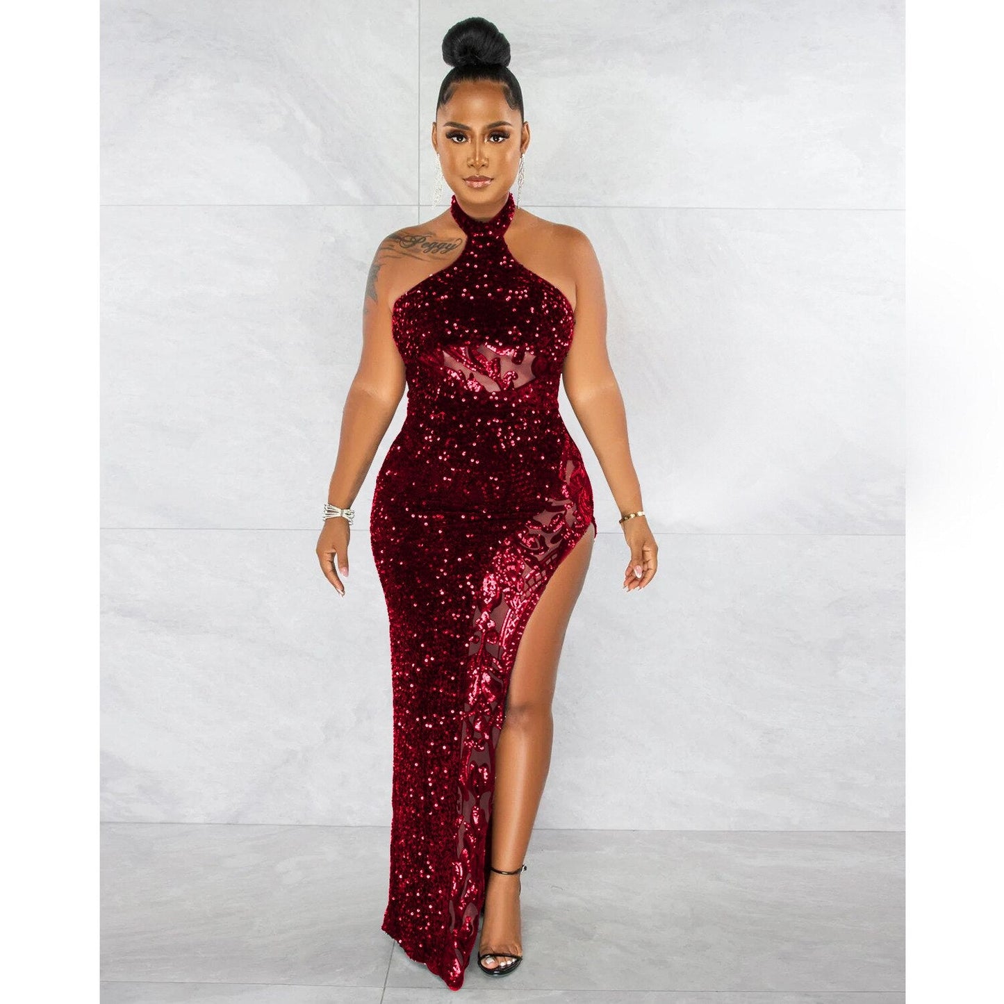 Luxury Birthday Party Dress Women 2023 Spring Sexy Elegant Off Shoulder Backless Halter Zip-up High Slit Sequin Evening Dresses