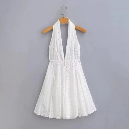 vmtvr  -  White Beach Summer Dress Women Backless Cotton Lace Short Autumn Sundress Women Clothing Halter A-line Pleated Dress