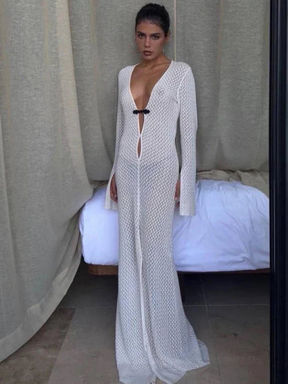 vmtvr Summer Beach Holiday Knitted Maxi Dress Outfits for Women Party Club Long Sleeve See Through Dresses Hollow Out