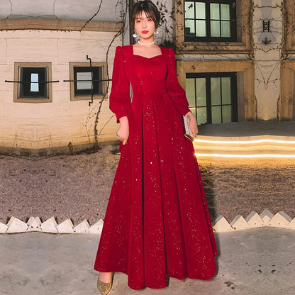 vmtvr Women Evening Dresses Long Sleeve Elegant Square Collar Red Sequins Simple Prom Party Dress Long A-line Formal Vestidos