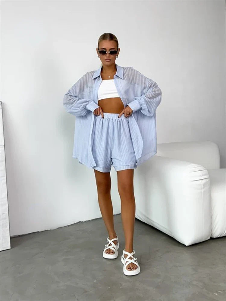 vmtvr Summer Stripe Holiday Women Suits 2 Pieces Elegant Jacquard White Shorts Set Elastic Waist Wide Shorts Casual Outfit