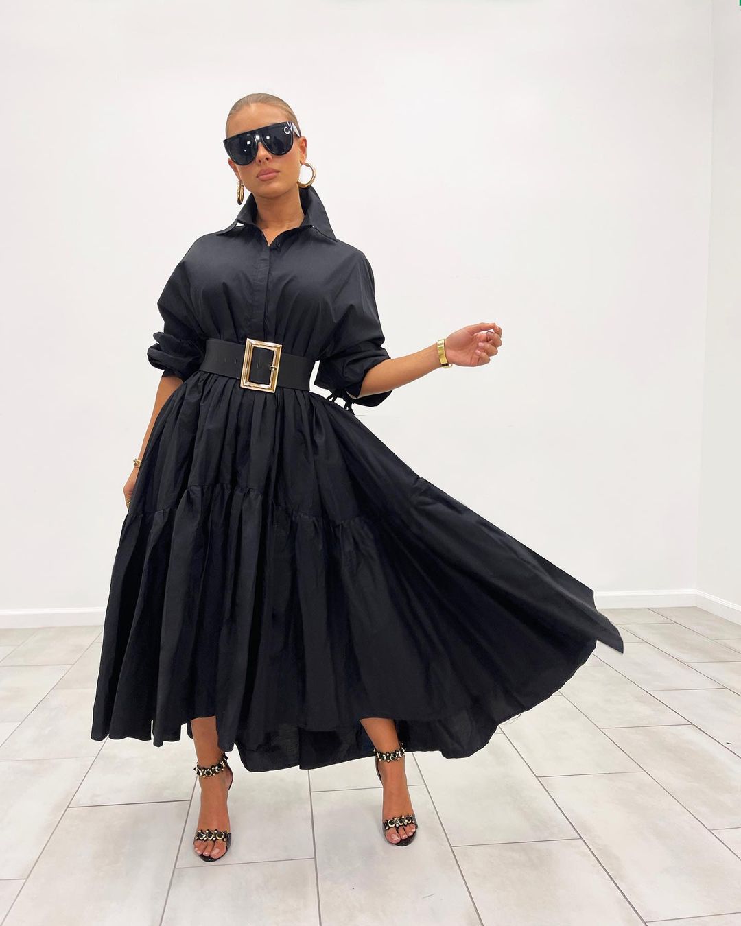 Spring Turn Down Collar Long Shirt Maxi Dress Casual Elegant Puff Sleeve Vintage Vestidos with Belt Black White Robe