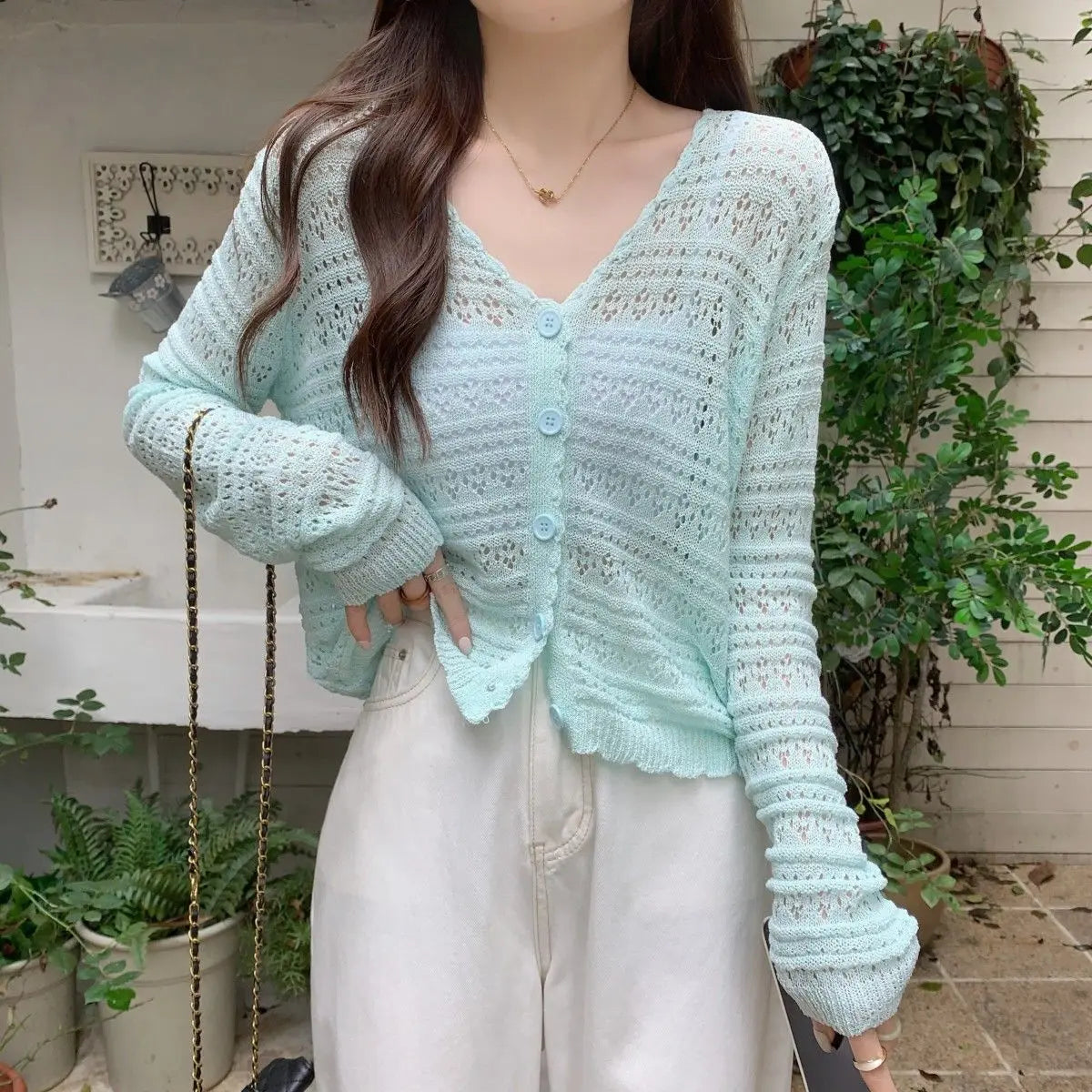 vmtvr Long Sleeve T Shirt Women's Summer Thin Section Hollow Ice Silk Knitted Cardigan Lace Button Korean Loose Top Striped Sexy Soft