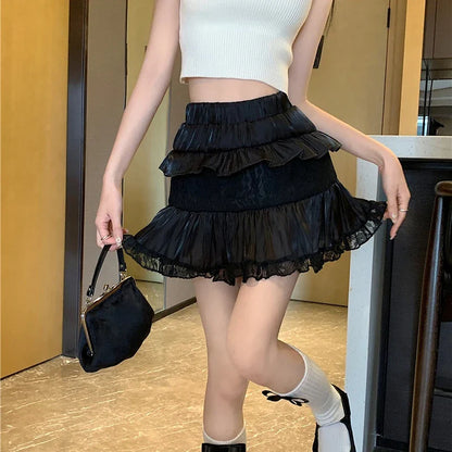 vmtvr Summer Sweet Skirts Women High Waist Slim A-line Gauze Jupe Faldas Mujer Korean Fashion Mini Skirt Black White Y2k Clothes