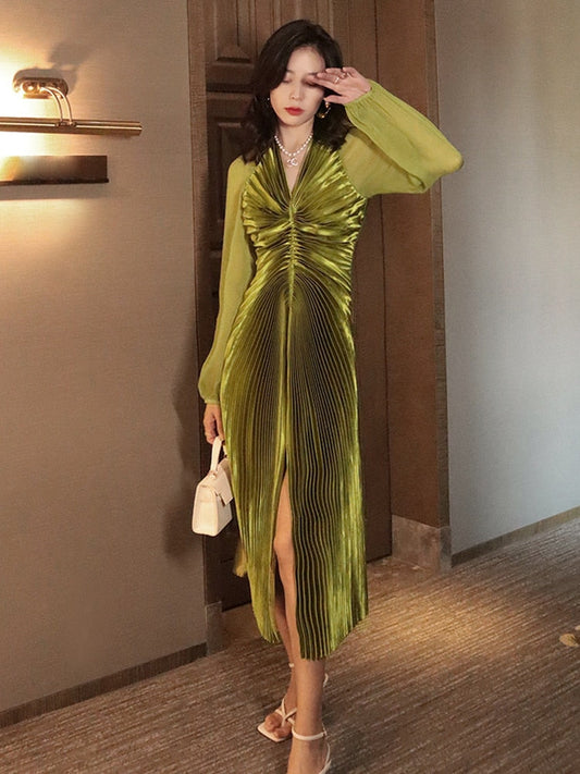 Y2K Pleated Lantern Sleeves Elegant Maxi Dress For Woman Liuli Green Straps Evening Party Clubwear Fashion Slim Bodycon Dresses