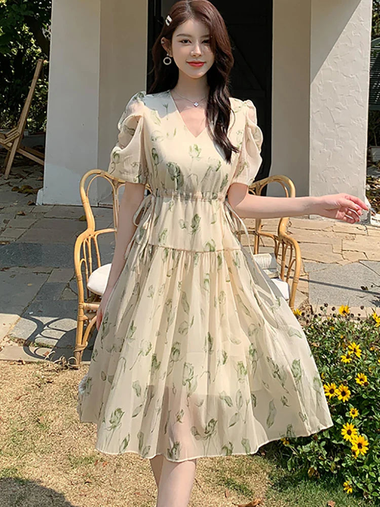 vmtvr 2024 New Green Floral Chiffon Puff Sleeve Midi Dress Summer Boho Elegant Bodycon Dress Women Korean Vintage Cheap Casual Dresses