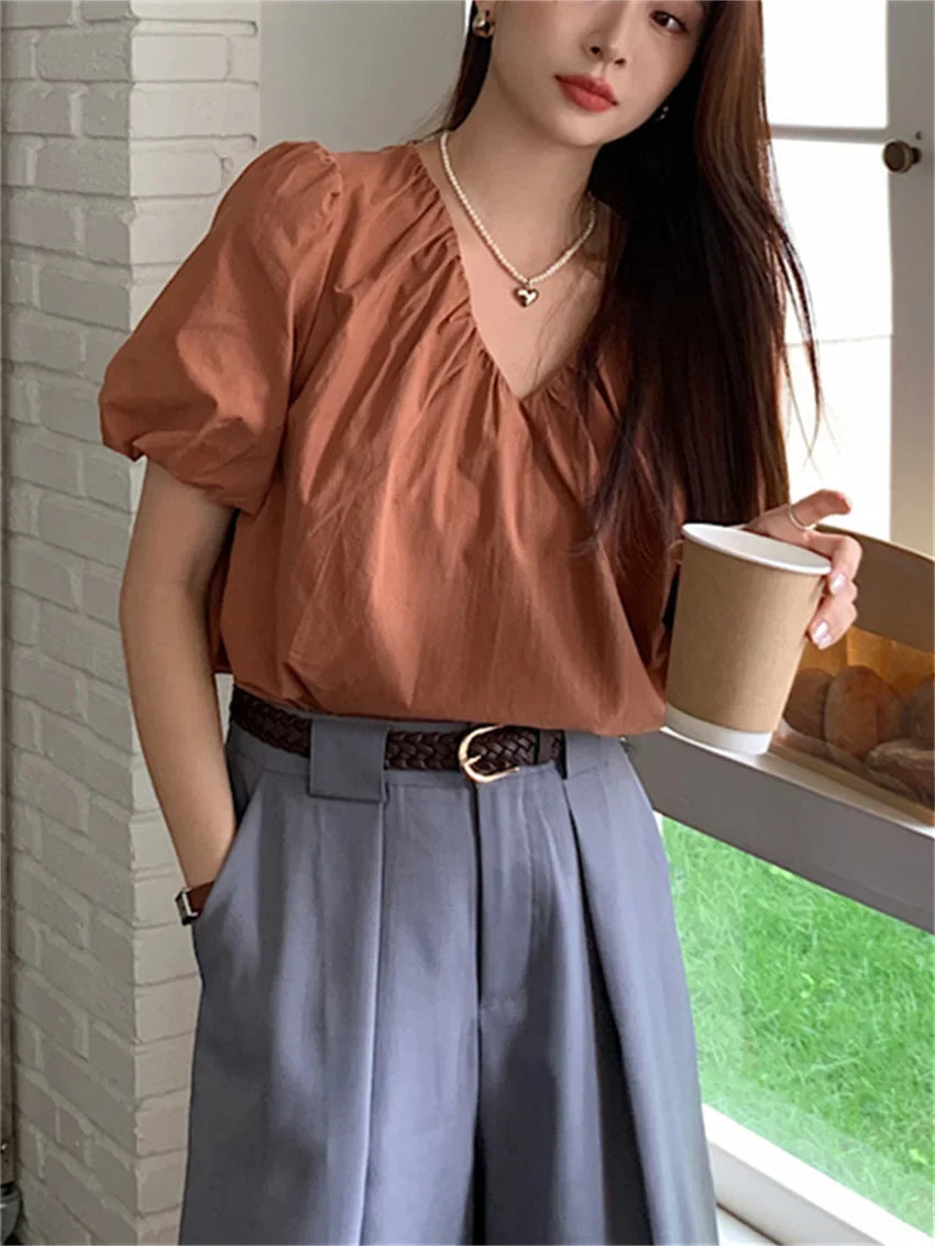 vmtvr Office Wear Lady Women Blouses Sweet Daily Elegant Summer V-Neck All Match Fashion Puff Short Sleeve Gentle OL