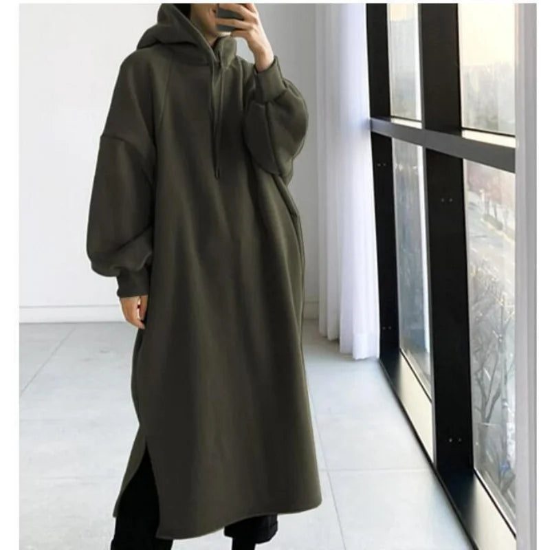 vmtvr Thicken Autumn Winter Women Oversized Hoodie Long Dress Solid Fashion Long Sleeve Female Clothing Split Casual Loose New Dresses