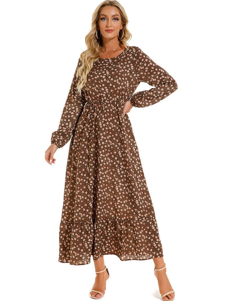 vmtvr - Elegant Floral Print Women Dress Spring Summer Casual O Neck Long Sleeve Chiffon A Line Long Maxi Dress Party Vestidos