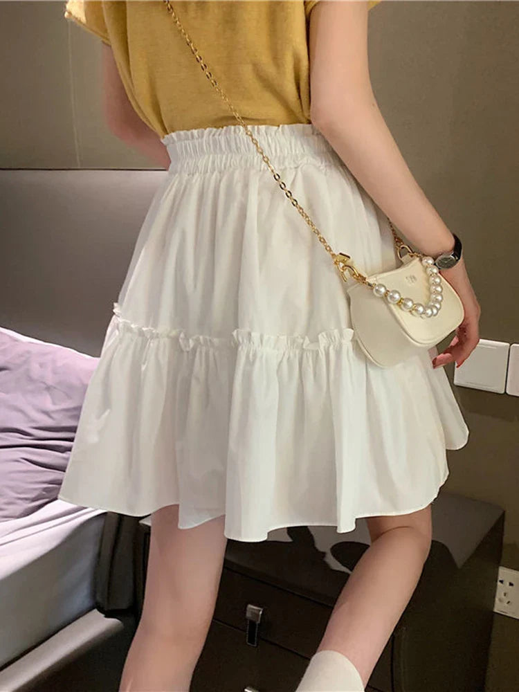 vmtvr Sweet Preppy Style White Mini Skirt Women Elegant Fashion High Waist A Line Skirt Korean All Match Loose Summer Skirt New